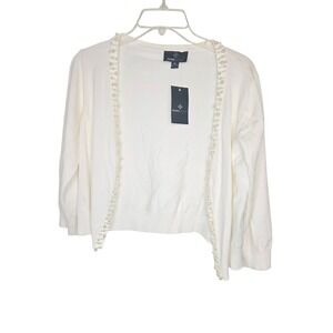 Ronni Nicole Ivory Pearl Trim Open Front Cardigan Shrug 3/4 Sleeve Medium